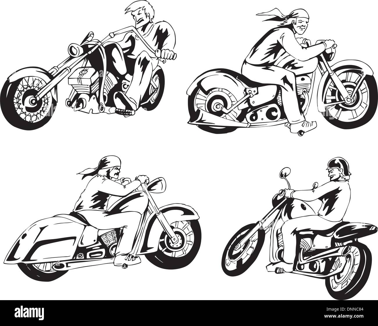 Vector set Biker auf Motorrädern. Schwarz-Weiß-Skizzen. Stock Vektor
