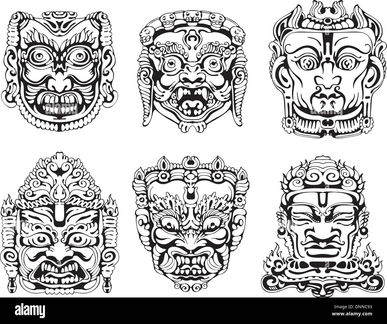 Hindu-Gottheit Masken. Satz von schwarzen und weißen Vektor-Illustrationen. Stock Vektor