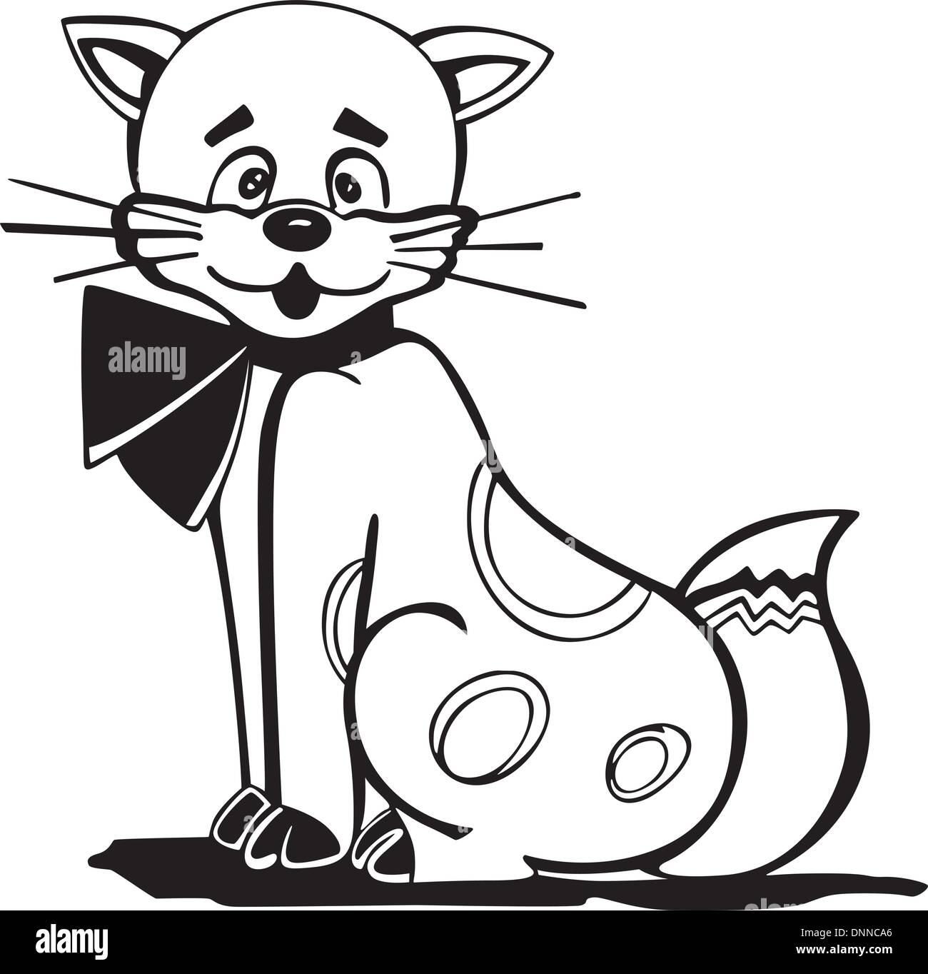 elegante Kitty mit einer Schleife am Hals, Cartoon schwarz-weiß Vektor-illustration Stock Vektor