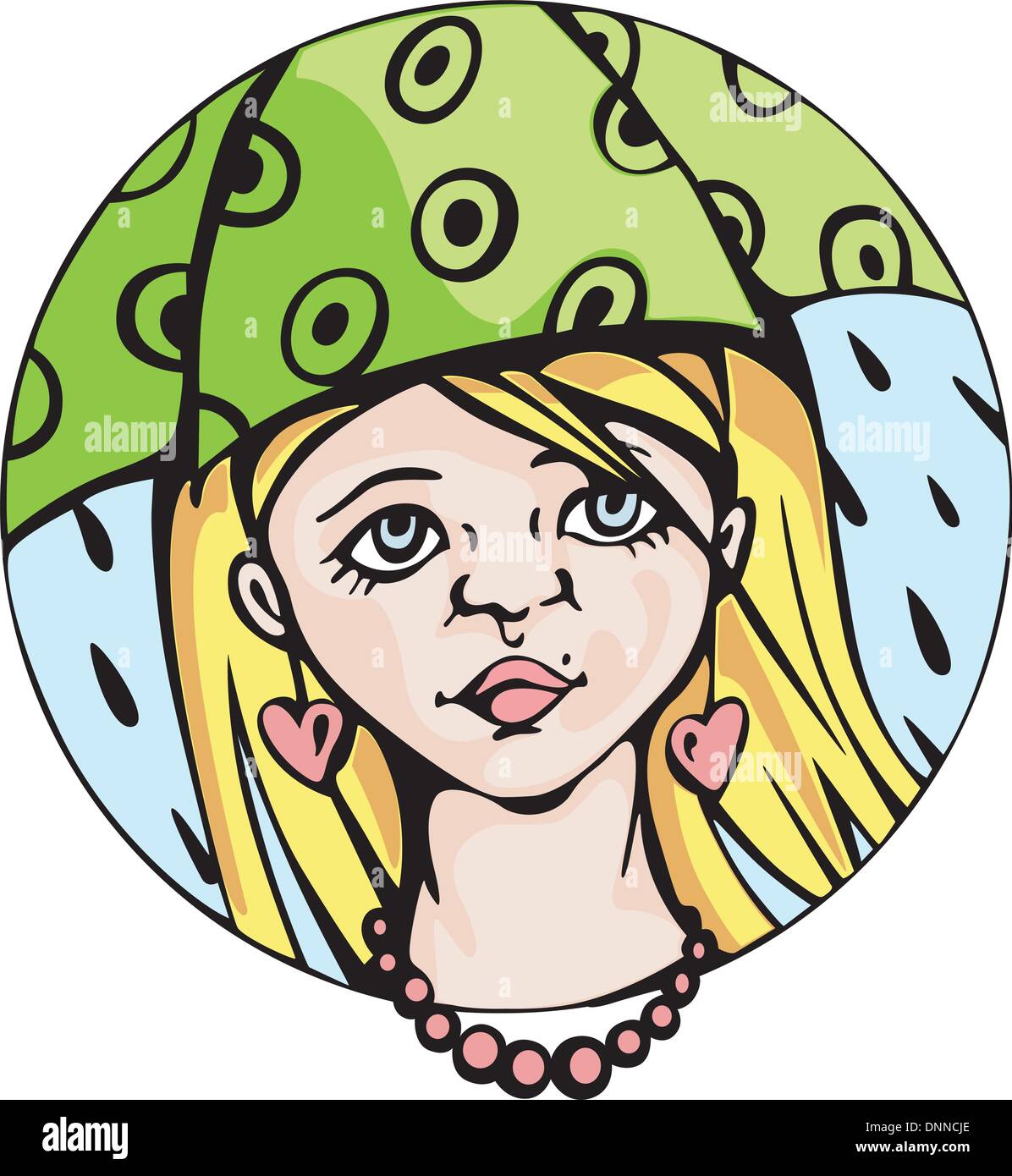 Runde Bildniss junge süße Mädchen unter grünem Dach. Bunte Vektor-Illustration. Stock Vektor