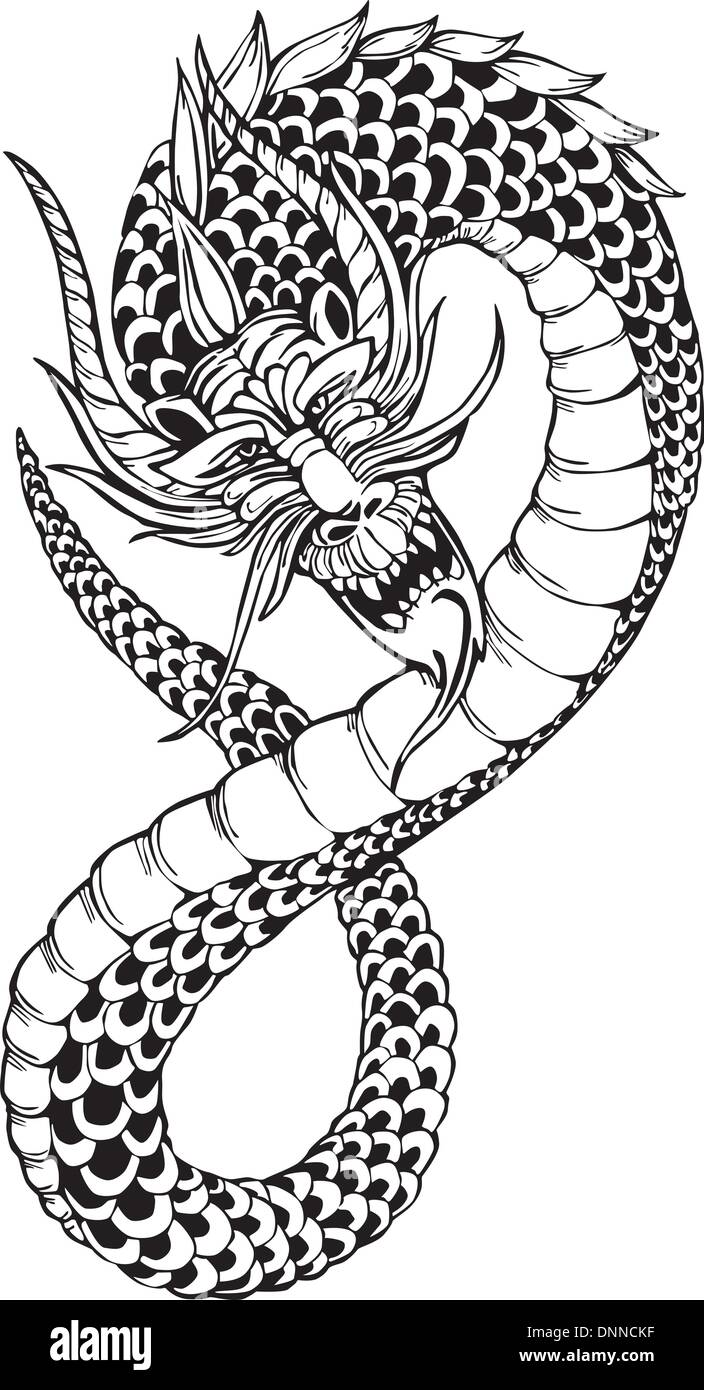 Orientalische beinlosen Drachen. Schwarz / Weiß-Vektor-Illustration. Stock Vektor