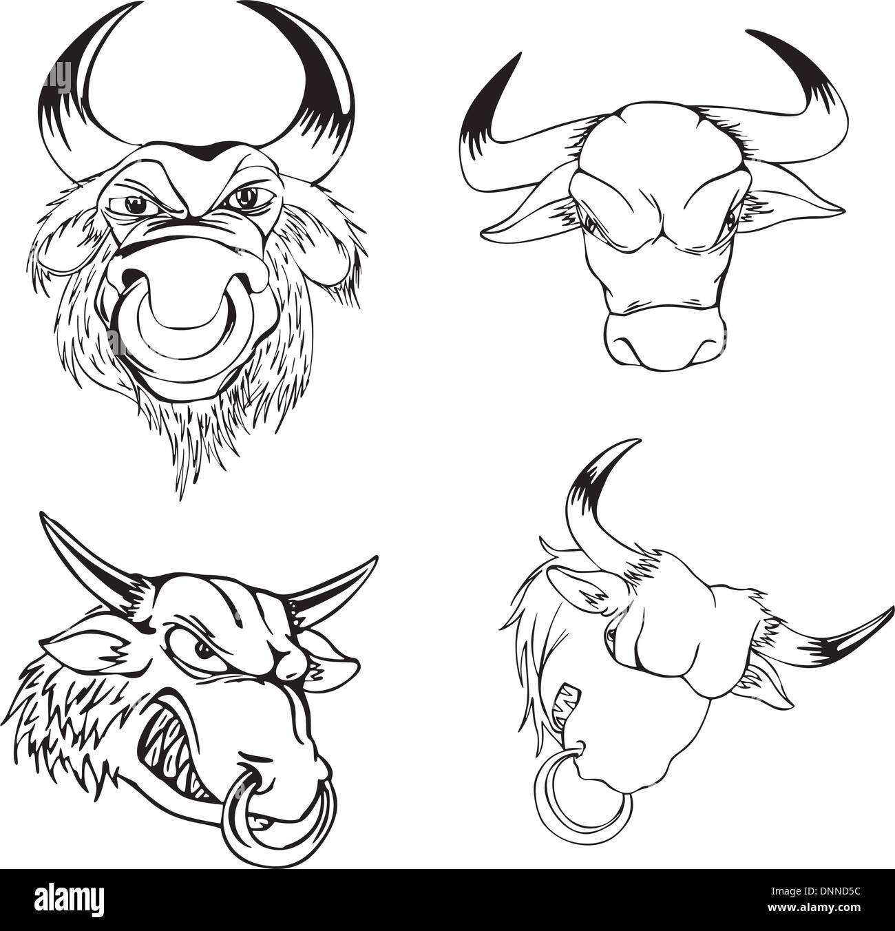Aggressive Bull Köpfe. Satz von schwarzen und weißen Vektor-Tattoo-Designs. Stock Vektor