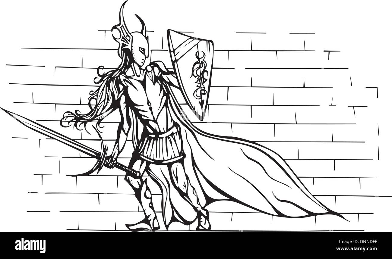 Ritter-Mädchen mit Schwert und Schild. Schwarz / Weiß-Vektor-illustration Stock Vektor