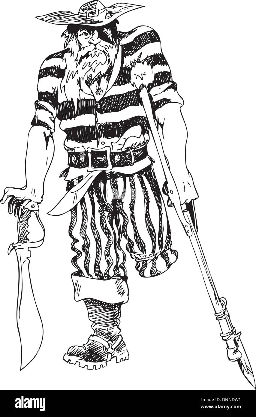 Alten einbeinigen Piraten. Schwarz / Weiß-Vektor-Illustration. Stock Vektor