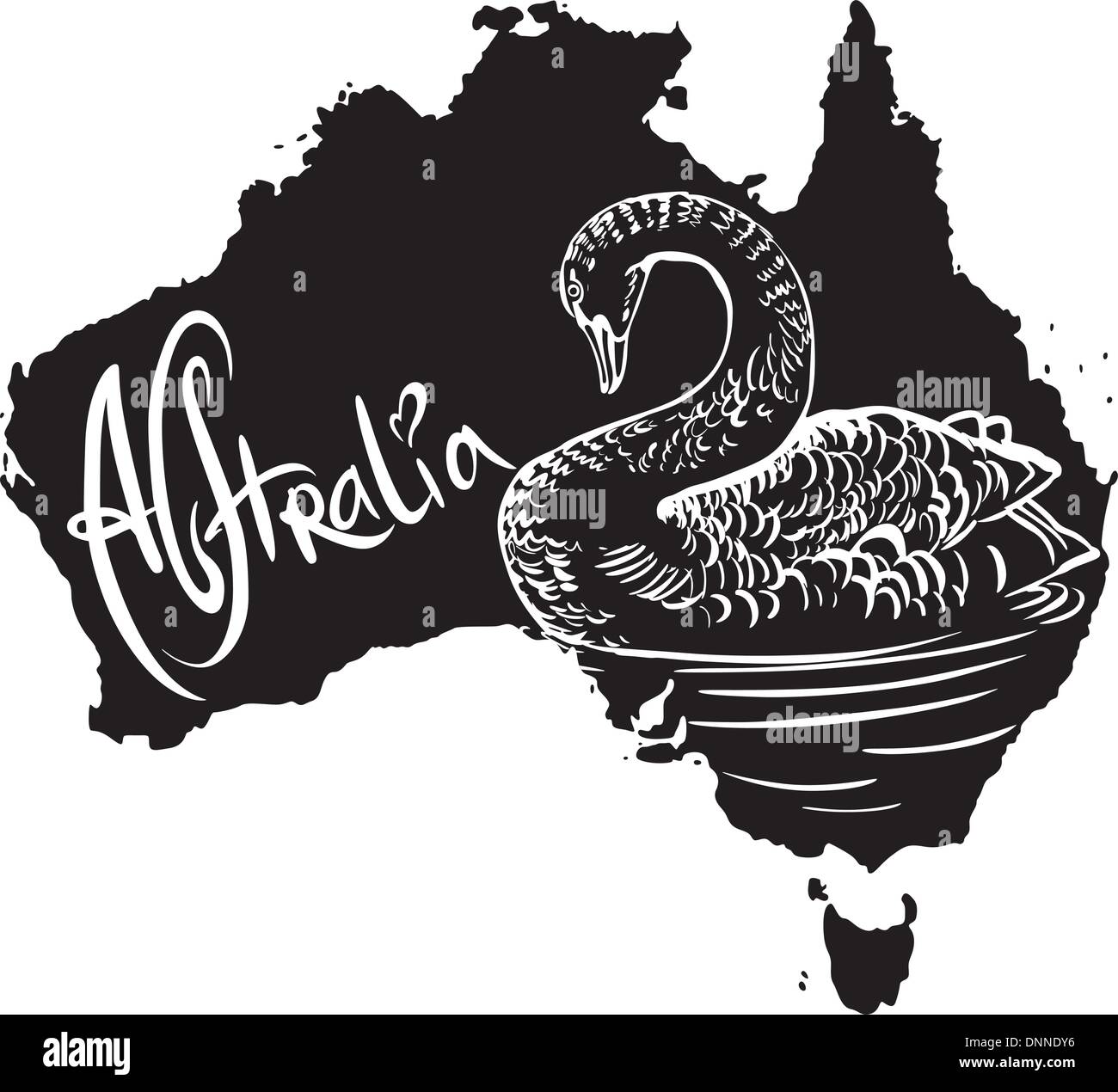Schwarzer Schwan (Cygnus olor) auf der Karte von Australien. Schwarz / Weiß-Vektor-Illustration. Stock Vektor