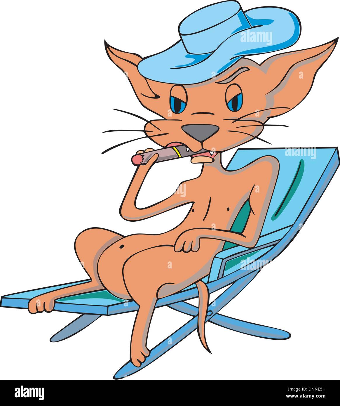 Eine Katze im Cartoon-Stil mit Hut, auf einem Strand Bett liegend und raucht eine Zigarre. EPS-Vektor-Illustration. Stock Vektor