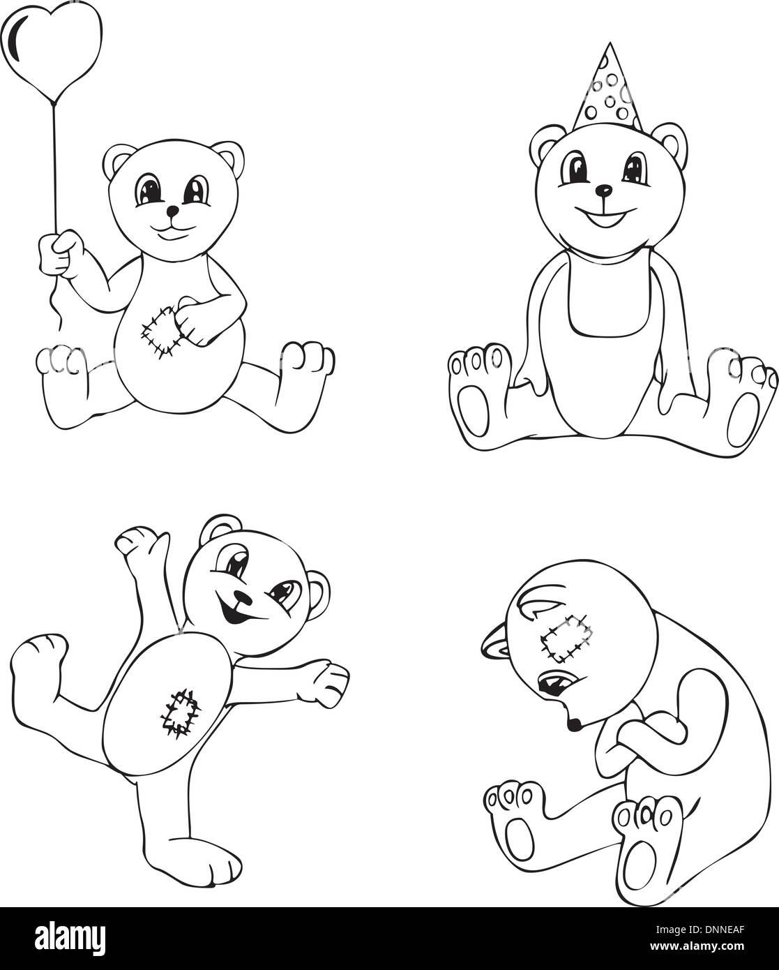 Vier generische Schwarz-Weiß-Skizzen von Teddybär: mit Herz Luft-Ballon, glücklich, lächelnd und traurig sind. Vinyl-Ready EPS hinsichtlich Stock Vektor