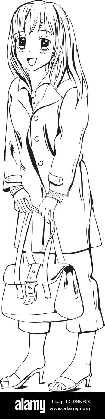 Anime Mädchen mit Handtasche. Schwarz / Weiß-Vektor-Illustration. Stock Vektor
