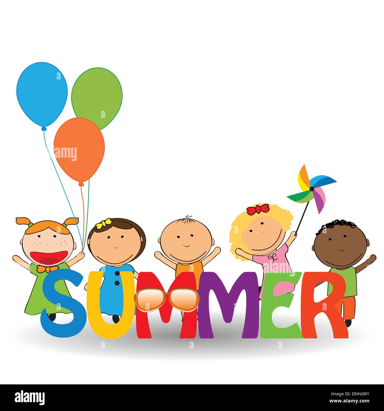 Glücklich und bunte Kinder mit dem Wort Sommer Stock Vektor