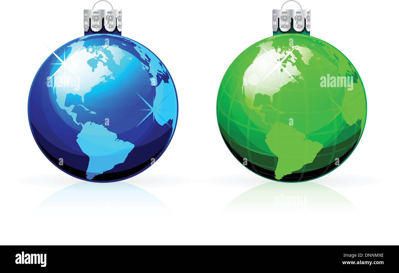 Globus Weihnachtskugeln. Weihnachtskugeln mit Weltkarte. Stock Vektor