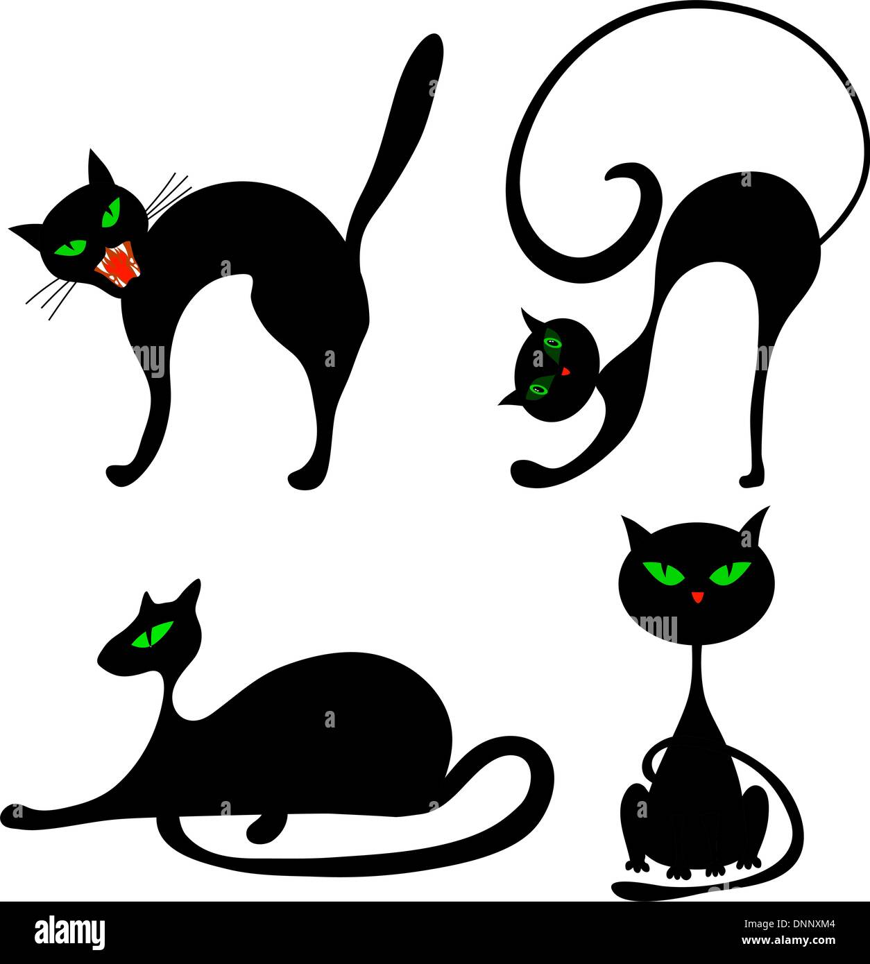 Satz von Halloween schwarze Katze mit grünen Augen. Vektor-Illustration. Stock Vektor