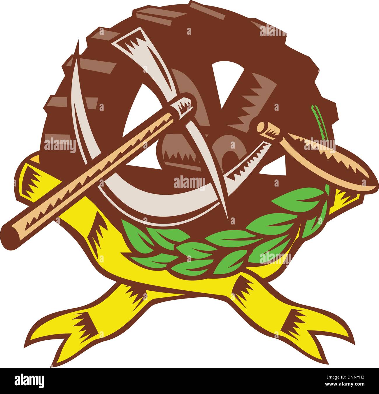 Abbildung von einem Pick Ax mit Sichel Zahnrad Zahnrad im Olivenblatt Band im Hintergrund. Stock Vektor