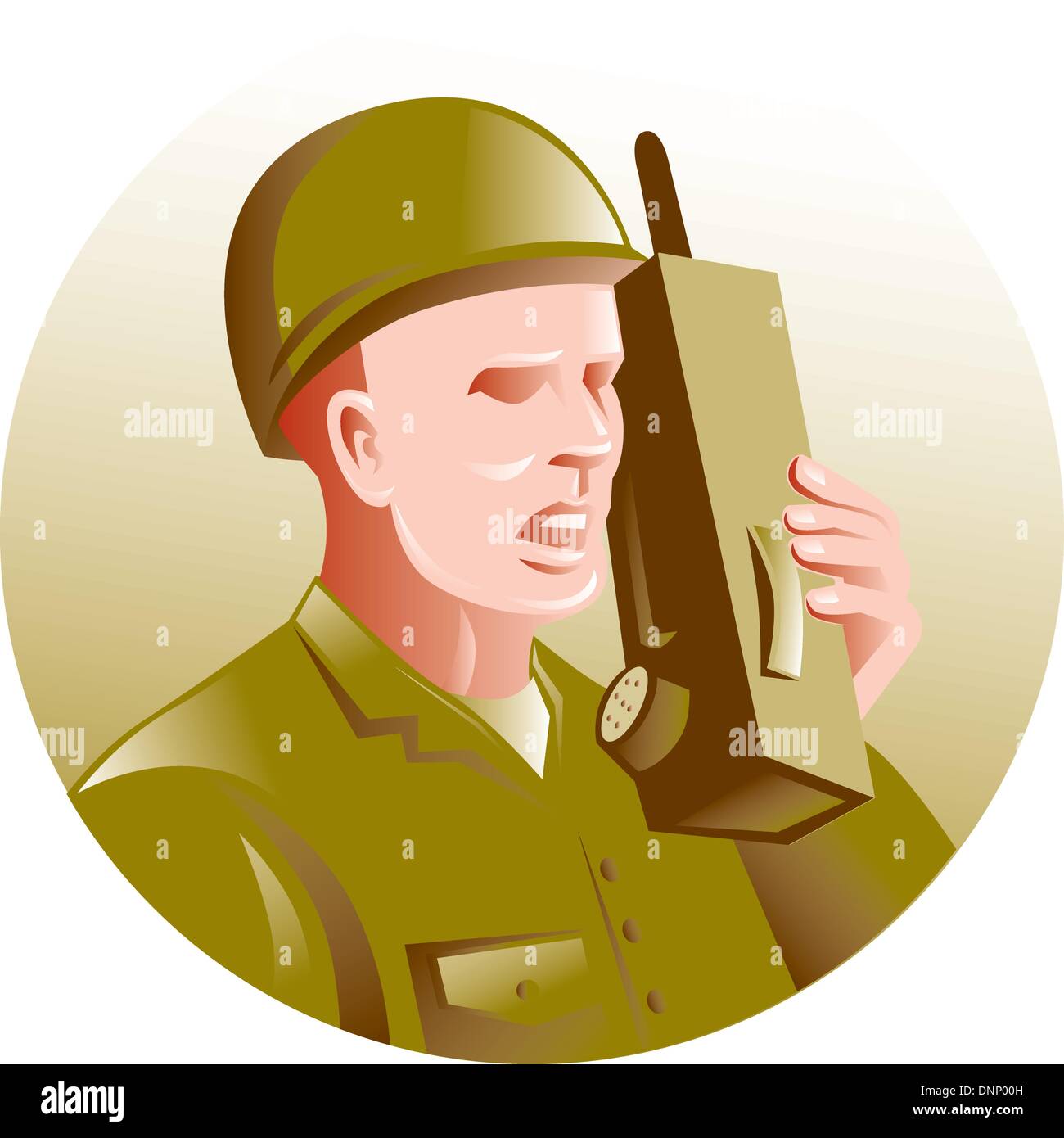 Abbildung eines militärischen Soldaten sprechen über Radio Walkie-talkie im inneren Kreis im retro-Stil gemacht. Stock Vektor