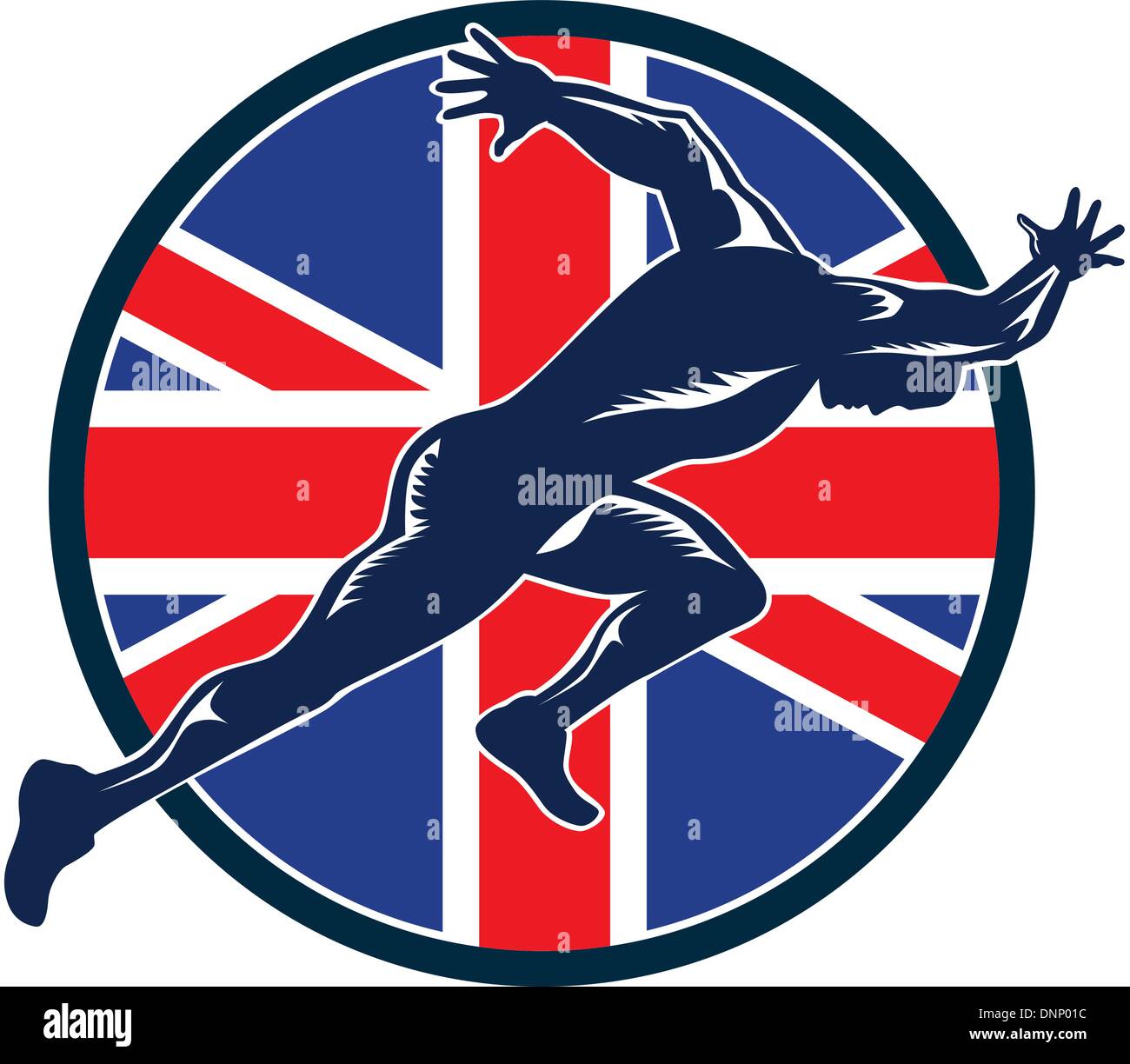 Retro-Abbildung des Sprinters Läufer laufen, sprinten betrachtet von Seite mit Union Jack, die britischen Great Britain flag gesetzt in Schild auf weißem Hintergrund isoliert. Stock Vektor