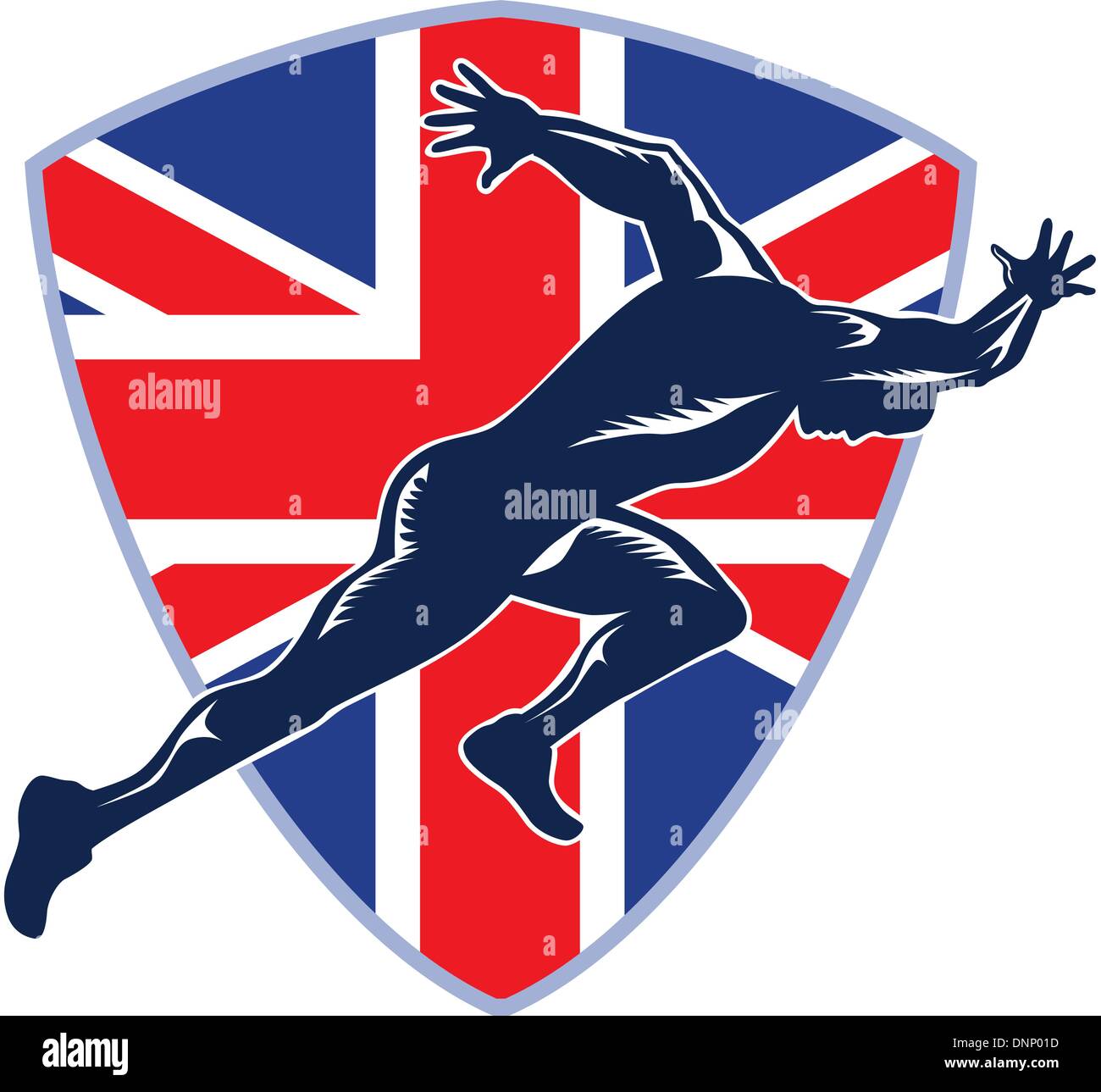 Retro-Abbildung des Sprinters Läufer laufen, sprinten betrachtet von Seite mit Union Jack, die britischen Great Britain flag gesetzt in Schild auf weißem Hintergrund isoliert. Stock Vektor