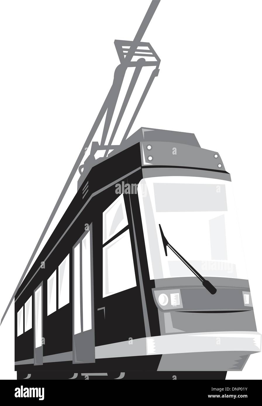 Beispiel für eine moderne Straßenbahn trainieren Straßenbahn aus einem flachen Winkel auf isolierten weißen Hintergrund getan im retro-Stil betrachtet. Stock Vektor