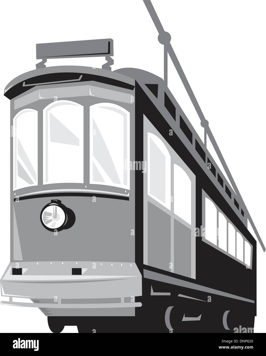 Illustration einer Oldtimer-Straßenbahn trainieren Straßenbahn aus einem flachen Winkel auf isolierten weißen Hintergrund getan im retro-Stil betrachtet. Stock Vektor