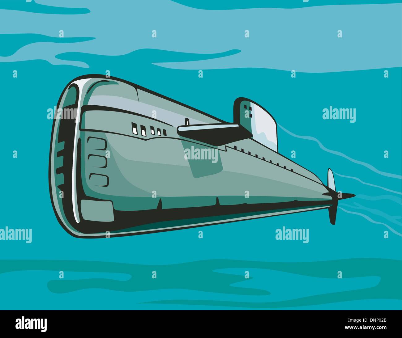 Abbildung eines u-Bootes steigen die Wasseroberfläche mit Schlachtschiff im Hintergrund getan im retro-Stil. Stock Vektor