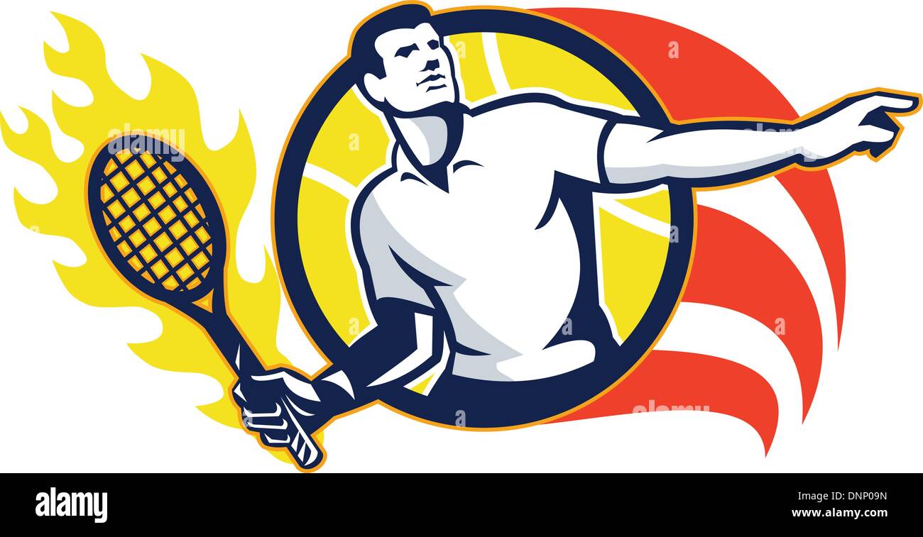 Abbildung eines Tennis Spieler halten flammende Schläger set im inneren Kreis Kugel mit Streifen auf isolierte Hintergrund getan im retro-Stil. Stock Vektor