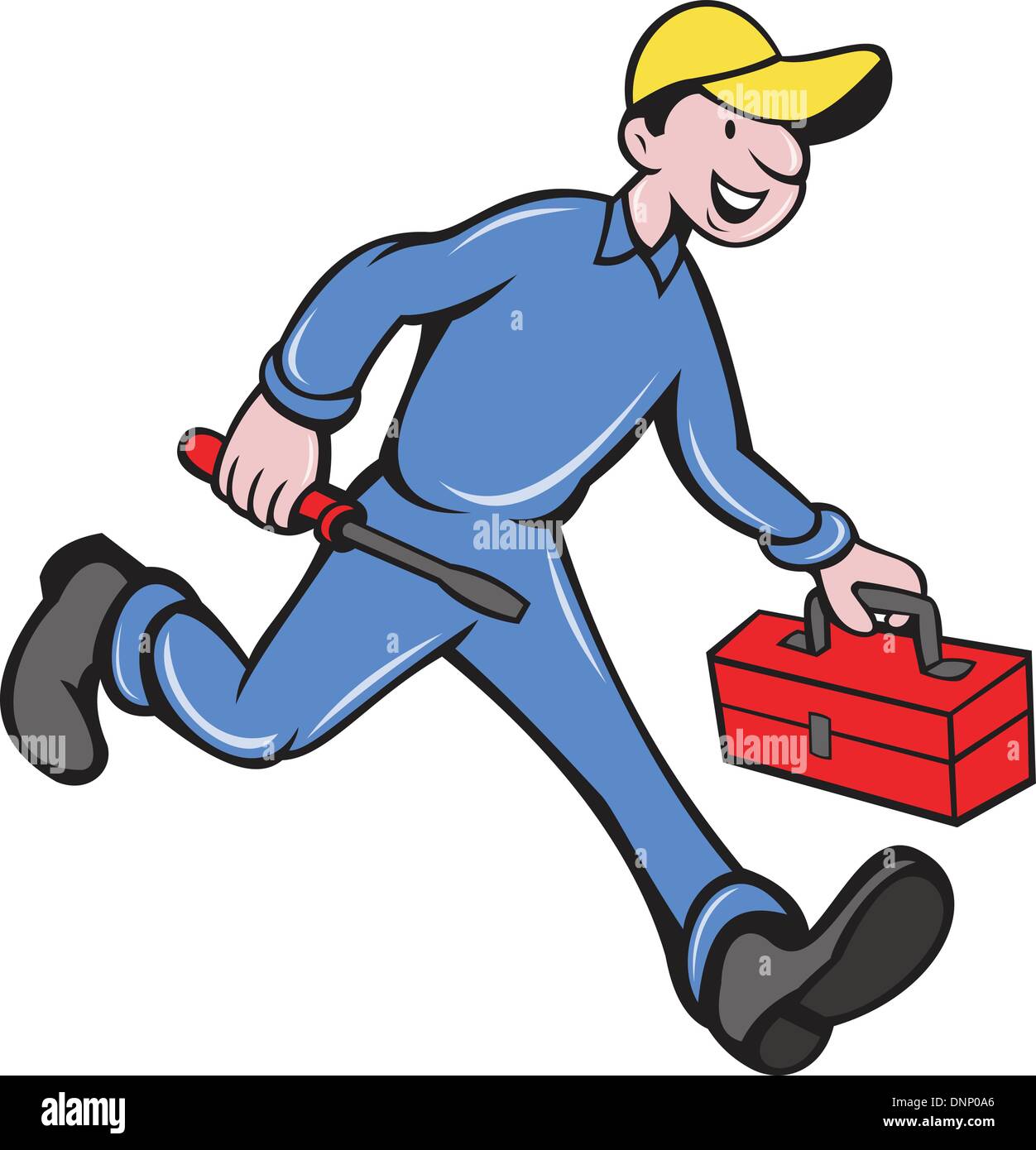 Abbildung von einem Elektriker Handwerker Handwerker Mechaniker zu Fuß mit Schraubendreher und Tool-Box getan im Cartoon-Stil. Stock Vektor