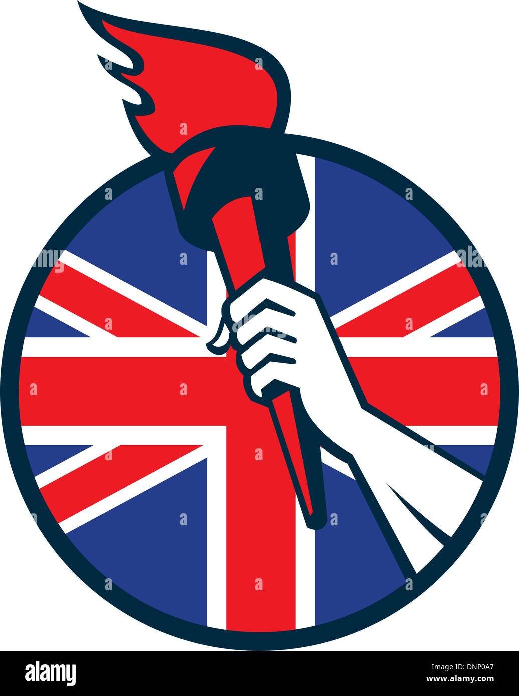 Retro-Illustration ein Athlet Hand hielt eine brennende Fackel mit Großbritannien britische Union Jack flag gesetzt im inneren Kreis auf weißem Hintergrund isoliert. Stock Vektor