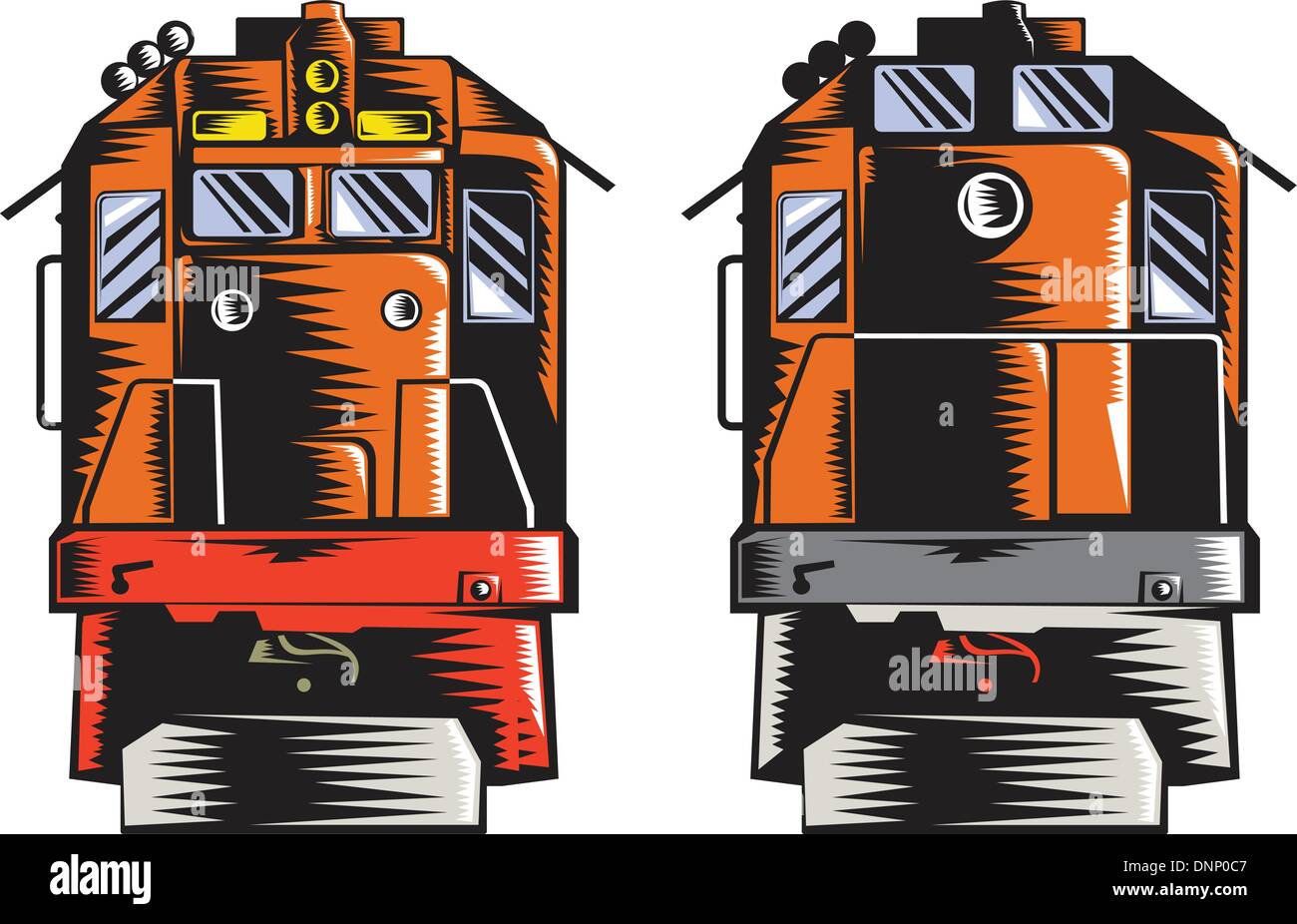 Abbildung von einem Diesel-Zug von vorne und hinten, eingerichtet im Stil der Retro-Holzschnitt auf weißem Hintergrund isoliert betrachtet. Stock Vektor