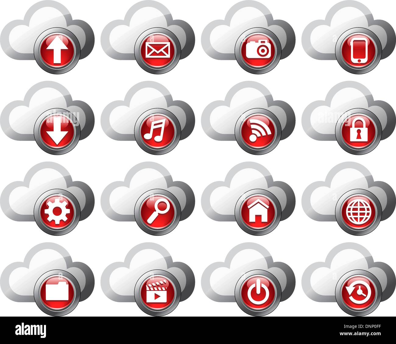 Virtuelle Cloud Icons hochladen, herunterladen, Ordner, Bilder, Film, Video, Musik, e-Mail, Handy-Anschluss, Wiederherstellung, Sicherung und Stock Vektor