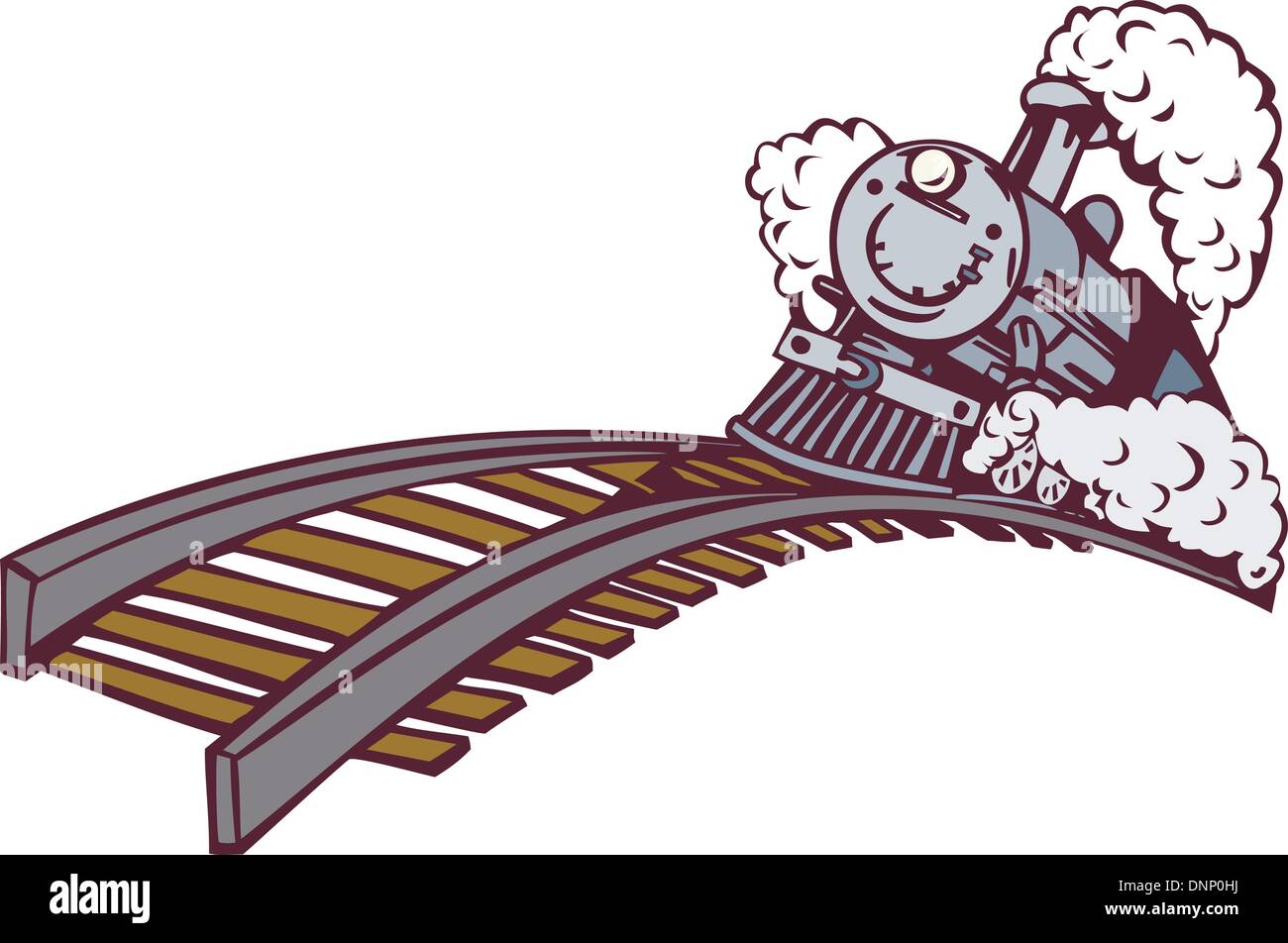 Beispiel für eine Dampf Zug Lokomotive demnächst auf Eisenbahn getan im retro-Stil auf isolierte Hintergrund Stock Vektor