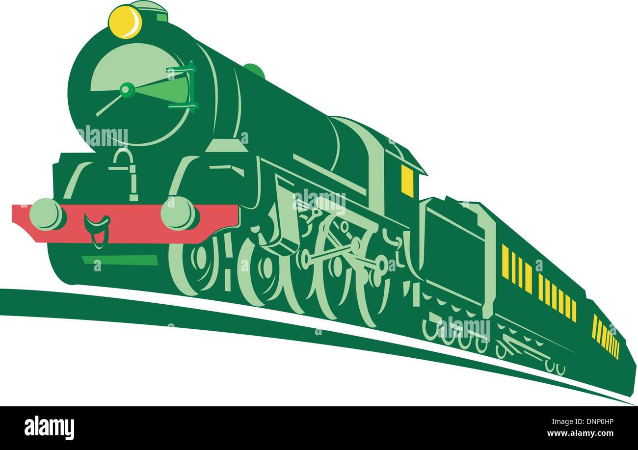 Illustration einer Dampf Zug Lokomotive demnächst auf Eisenbahn im retro-Stil auf isolierte Hintergrund getan. Stock Vektor