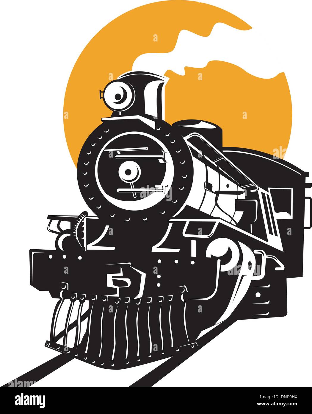 Beispiel für eine Dampf Zug Lokomotive demnächst auf Eisenbahn getan im retro-Stil auf isolierte Hintergrund Stock Vektor