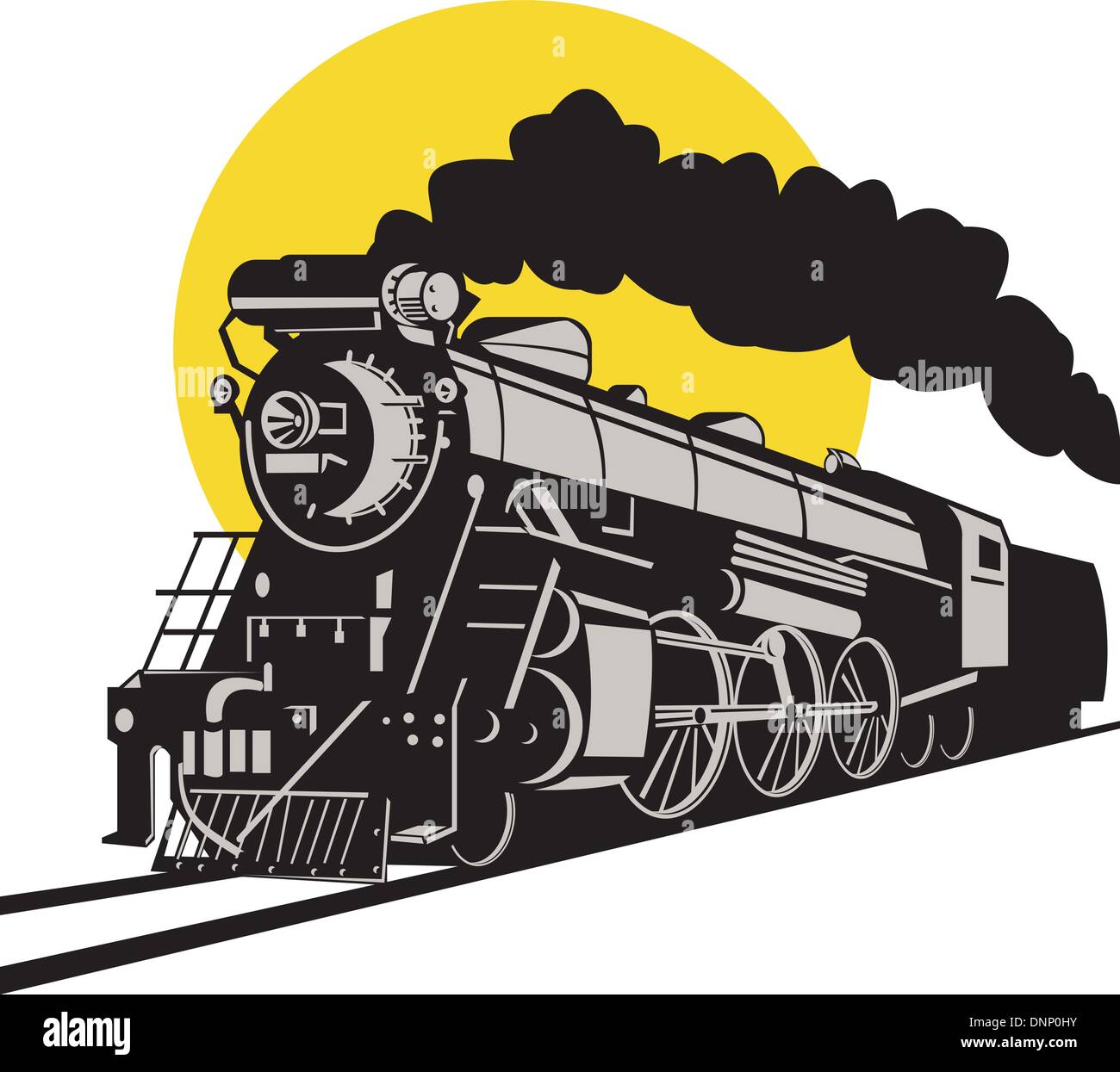 Beispiel für eine Dampf Zug Lokomotive demnächst auf Eisenbahn getan im retro-Stil auf isolierte Hintergrund Stock Vektor