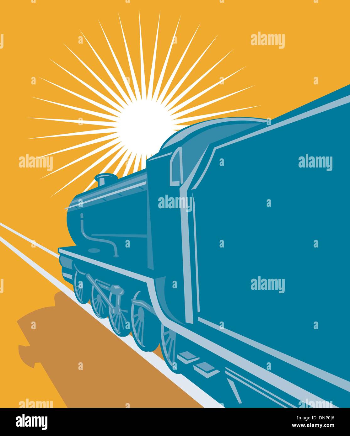 Beispiel für eine Dampf Zug Lokomotive demnächst auf Eisenbahn getan im retro-Stil auf isolierte Hintergrund Stock Vektor