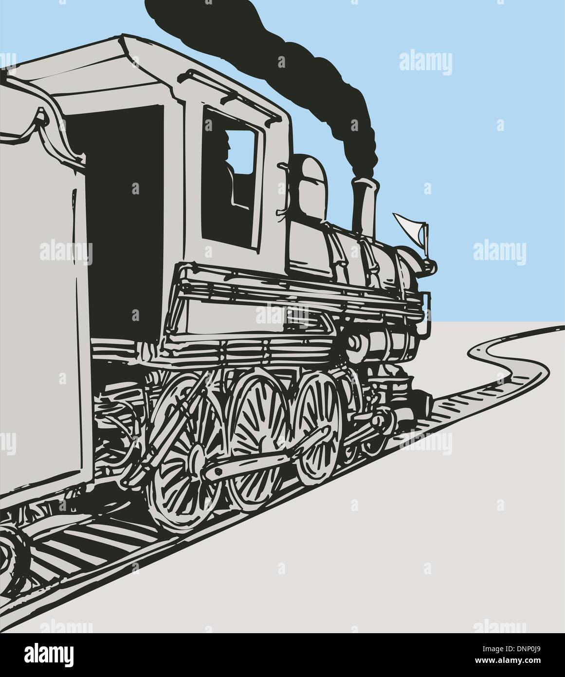 Abbildung einer Dampf Zug Lokomotive demnächst auf Eisenbahn getan im retro-Stil auf isolierte Hintergrund von hinten betrachtet. Stock Vektor