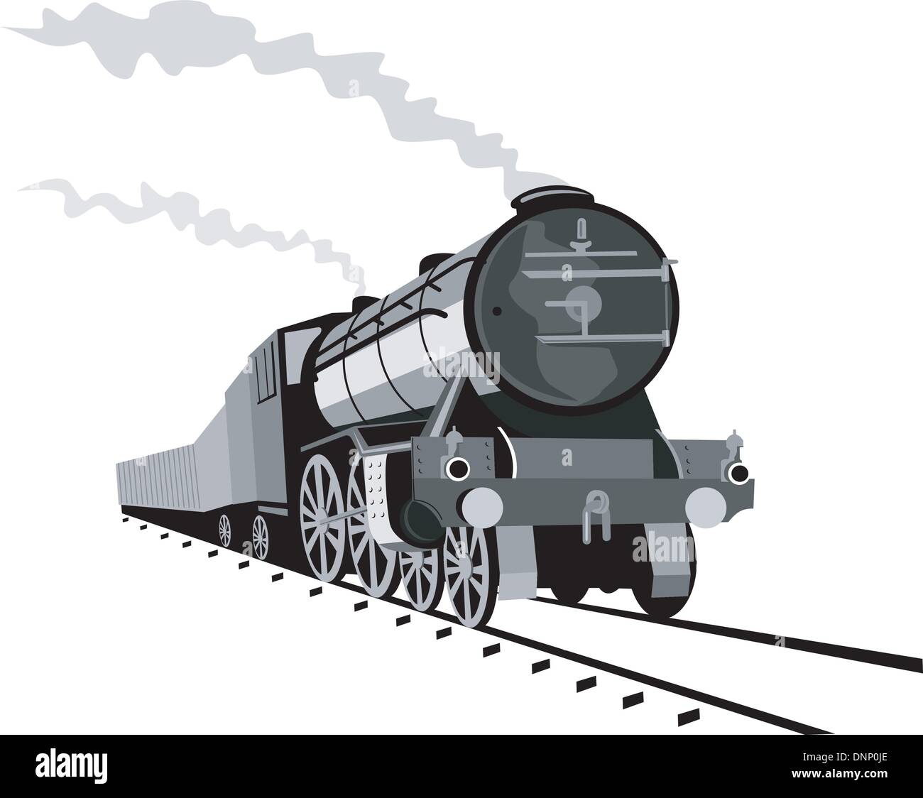 Beispiel für eine Dampf Zug Lokomotive demnächst auf Eisenbahn getan im retro-Stil auf isolierte Hintergrund Stock Vektor