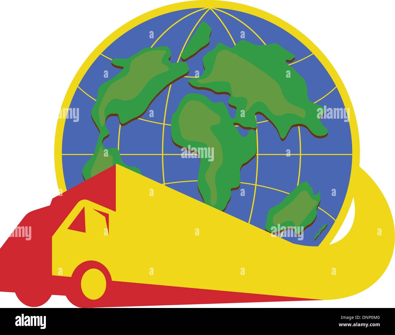 Abbildung eines Lieferung LKW LKW gehen um die Welt mit Weltkugel im Hintergrund getan im retro-Stil. Stock Vektor