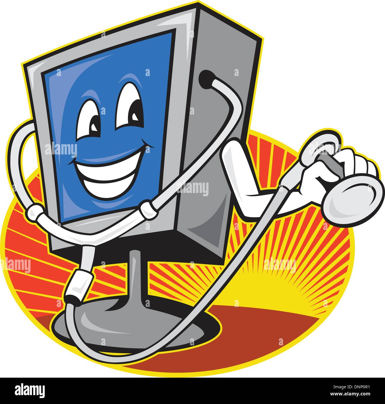Illustration von Computer tv Bildschirm mit Arzt Stethoskop im Cartoon-Stil im Inneren Oval getan. Stock Vektor