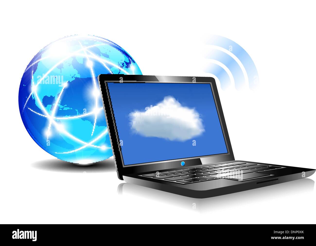 Clientcomputer, die mit Ressourcen befinden sich in der "Cloud" virtuelle Welt Symbol Laptop kommunizieren Stock Vektor