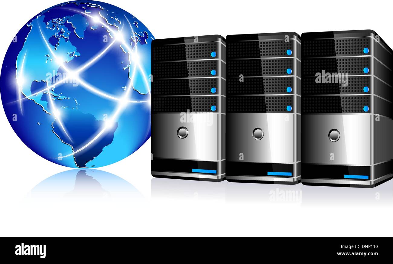 Server-Konzept, Kommunikation Internet Globe und Servern Kabel hochladen Stock Vektor