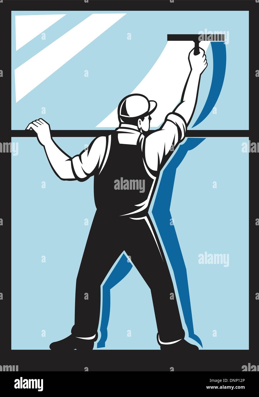 Abbildung eines Fenster Scheibe Arbeitnehmers waschen gesehen von hinten getan im retro-Stil Stock Vektor