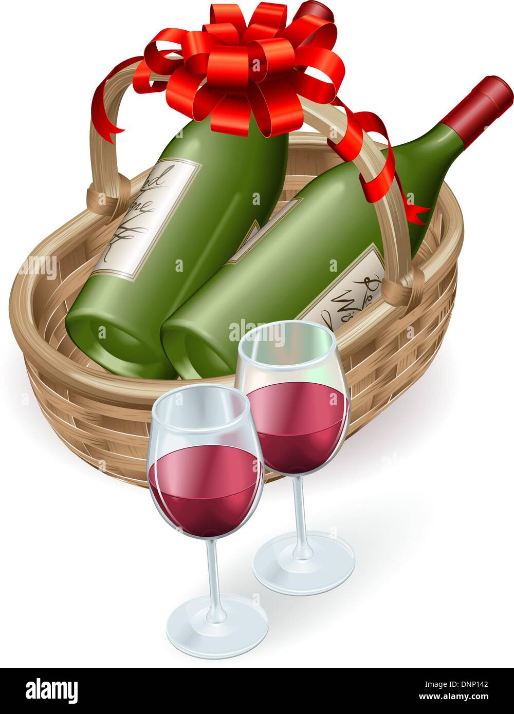 Illustration von Wein von Weidenkorb mit Flasche Rotwein und Gläsern und Dekoration Band und Schleife. Stock Vektor