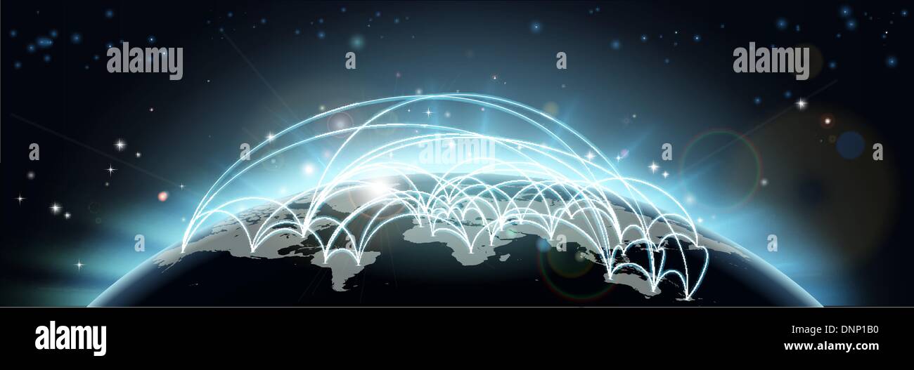 Eine Welt Netzwerk Kartenhintergrund mit Flugrouten oder Handelswege oder Kommunikation zwischen Ländern und Städten Stock Vektor