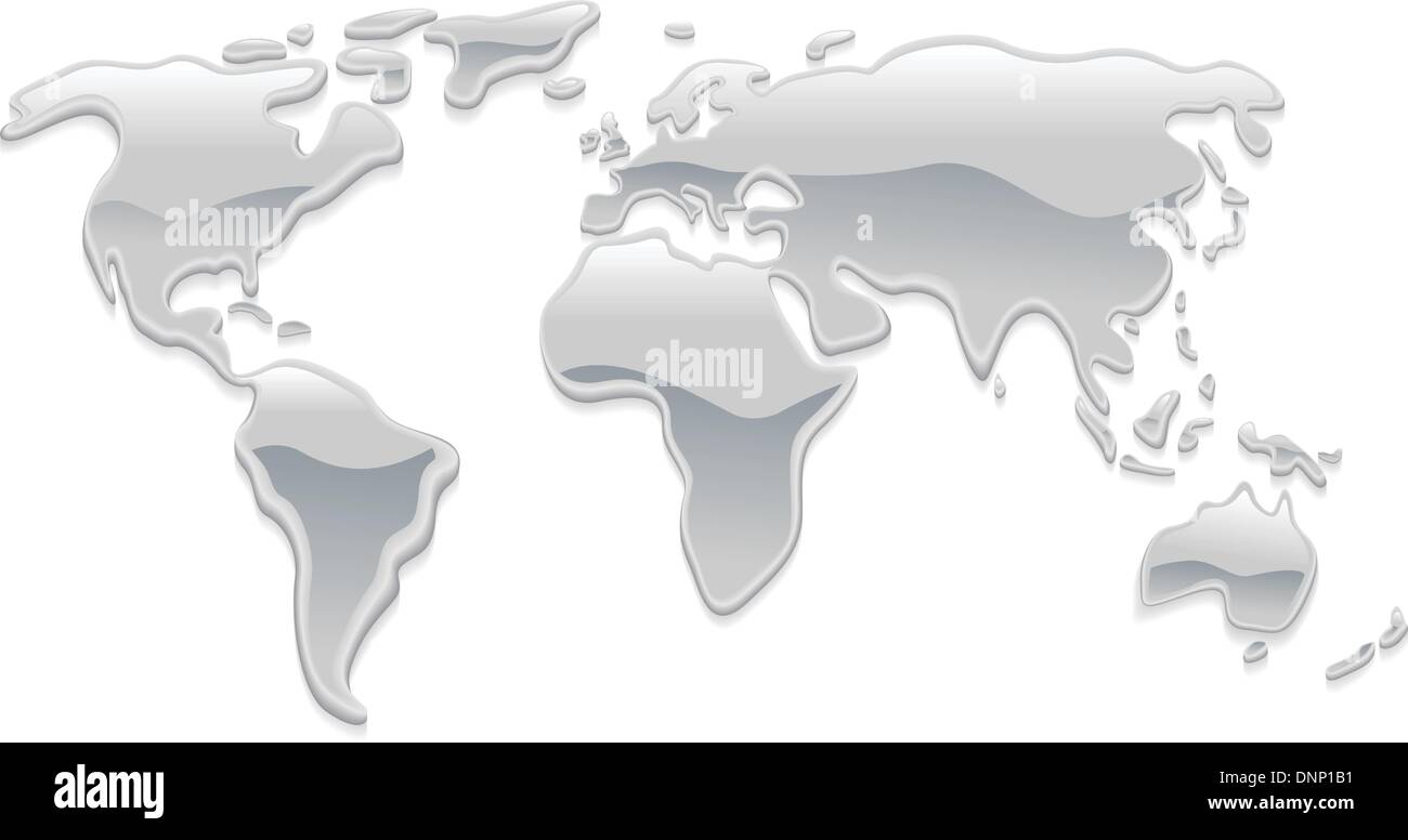 Eine Weltkarte mit Silber Metall Flüssigkeitströpfchen wie Quecksilber bilden die Kontinente gemacht Stock Vektor