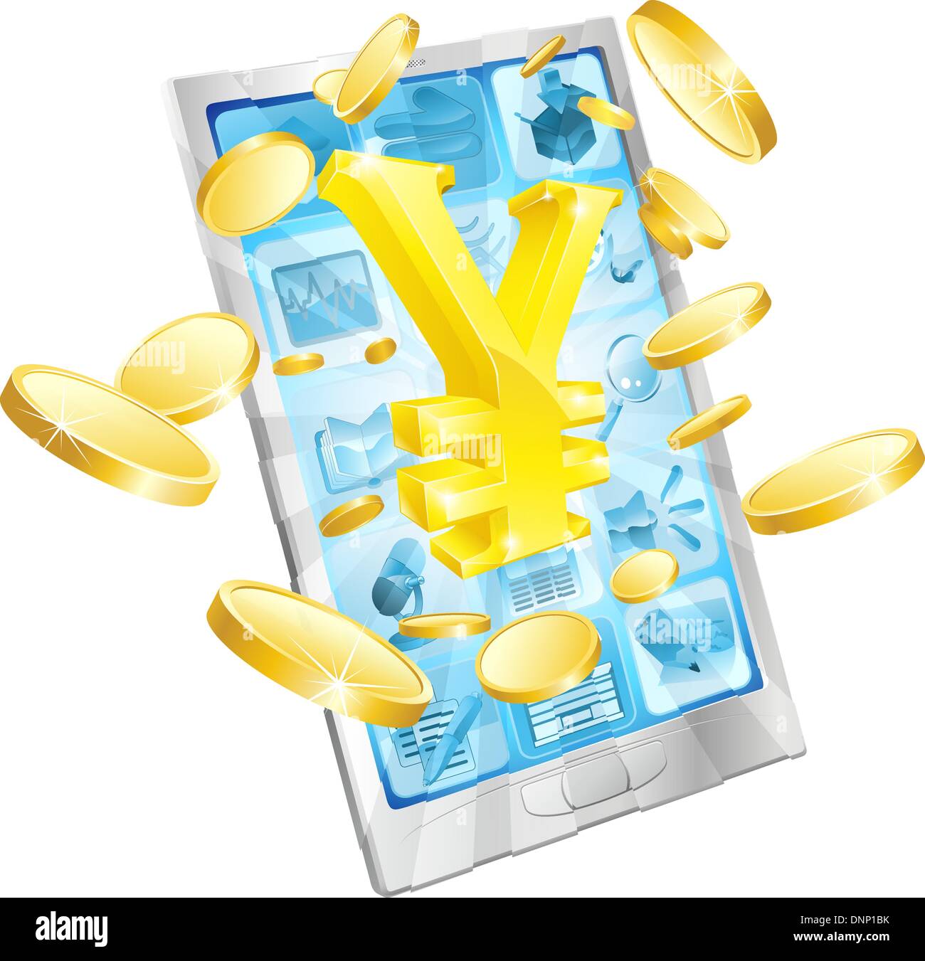 Yen Geld Telefon Concept Illustration des Handy mit Münzen und gold Yen-Zeichen Stock Vektor