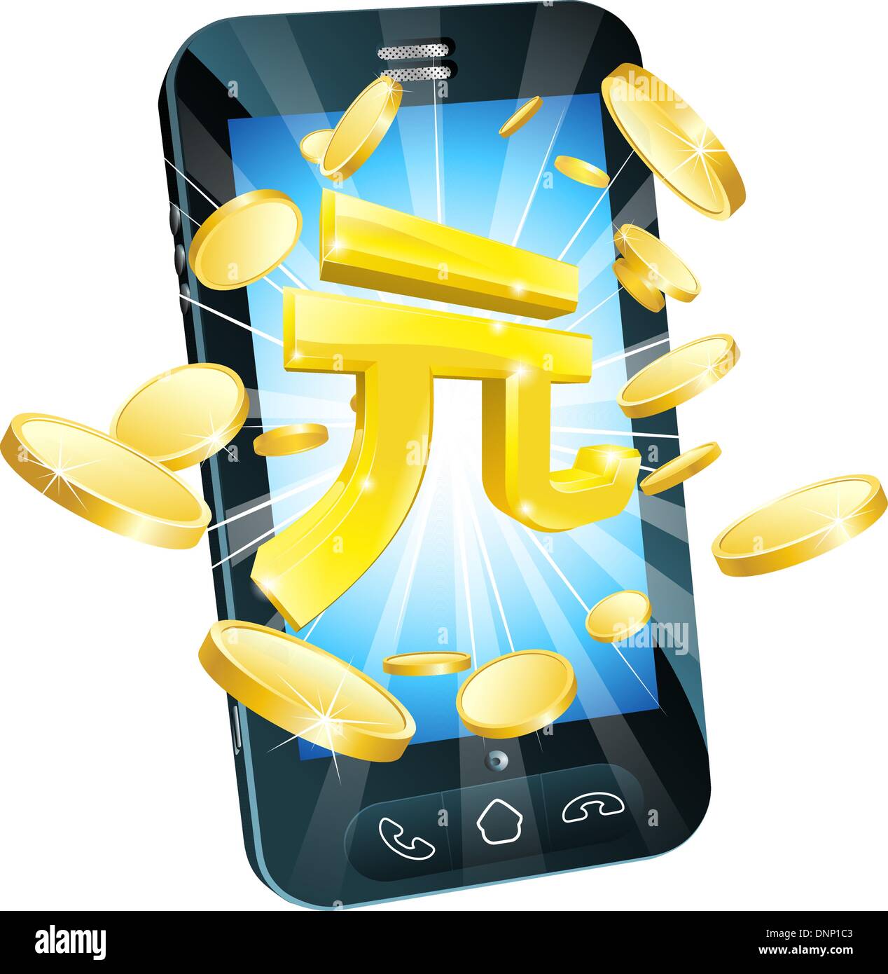 Yuan Geld Telefon Concept Illustration des Handy mit Münzen und gold Yuan Zeichen Stock Vektor