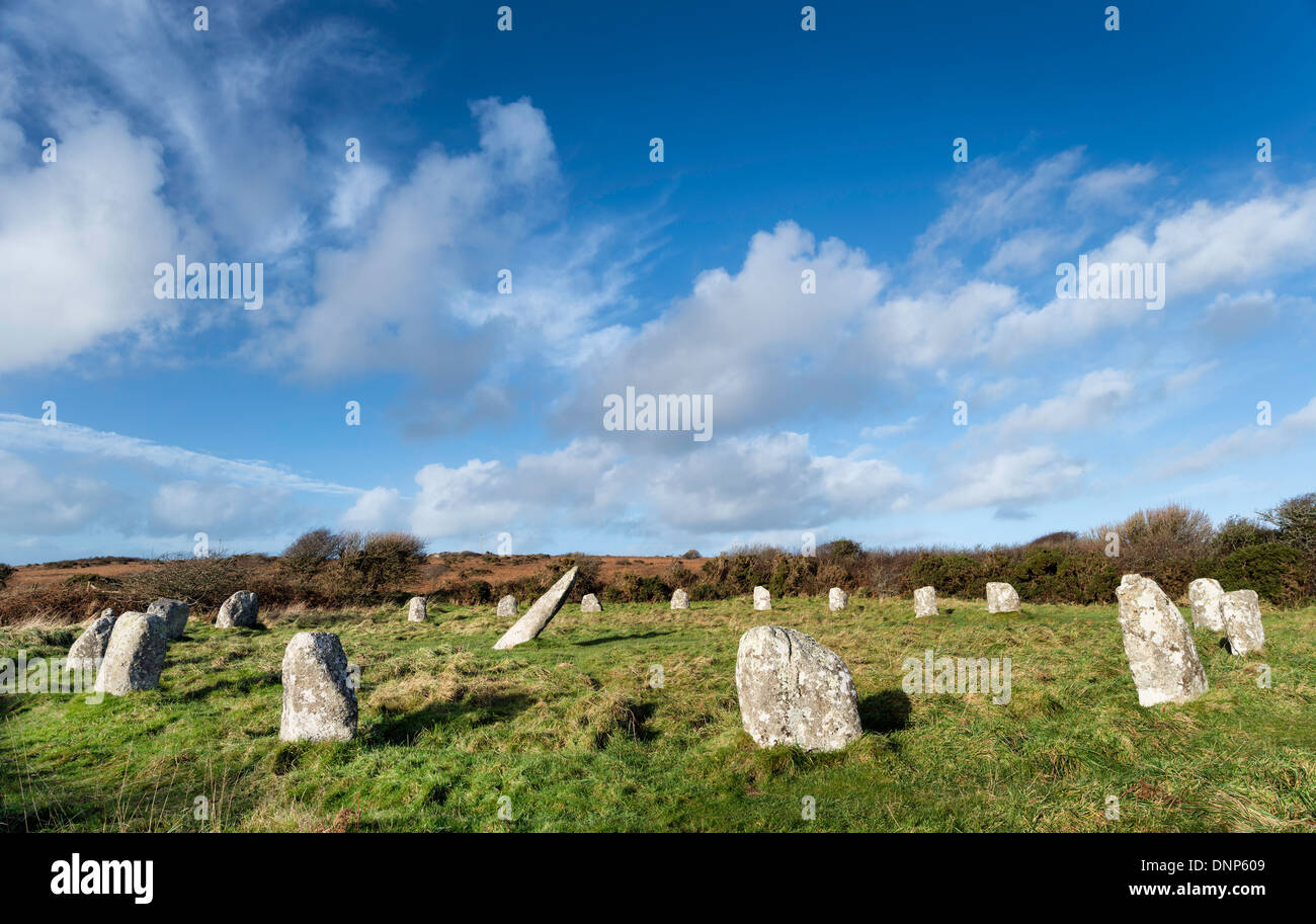 Die Seilfahrt-UN-Kreis einen Stein aus der Bronzezeit in der Nähe von St Buryan in Cornwall Stockfoto