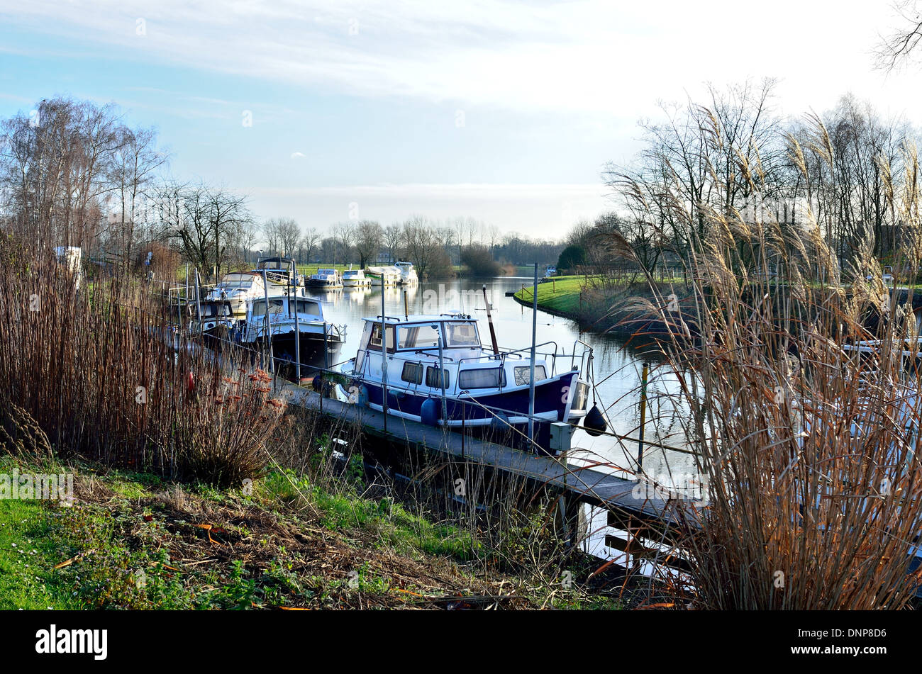 Boote am Fluss Leie (Lys) ist, Belgien Stockfoto