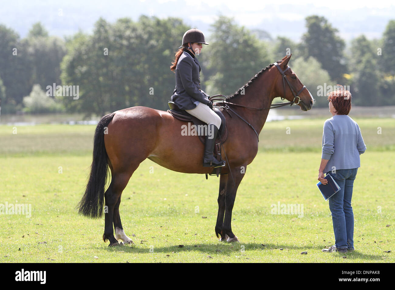 Einem stehenden Pferd und Reiter im Gespräch mit einer Frau auf einer lokalen Messe Stockfoto