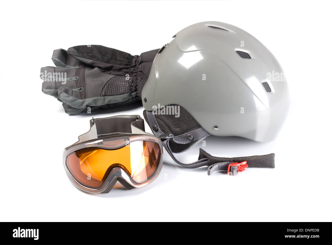 Ausrüstung für snowboarding auf weißem Hintergrund Stockfoto