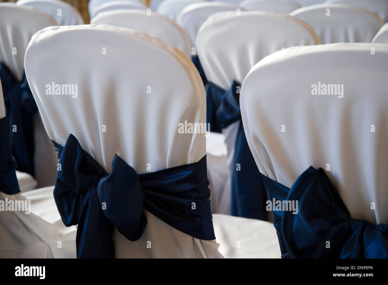 Hochzeit Empfang Stuhl Rücken mit einer Schleife Stockfoto