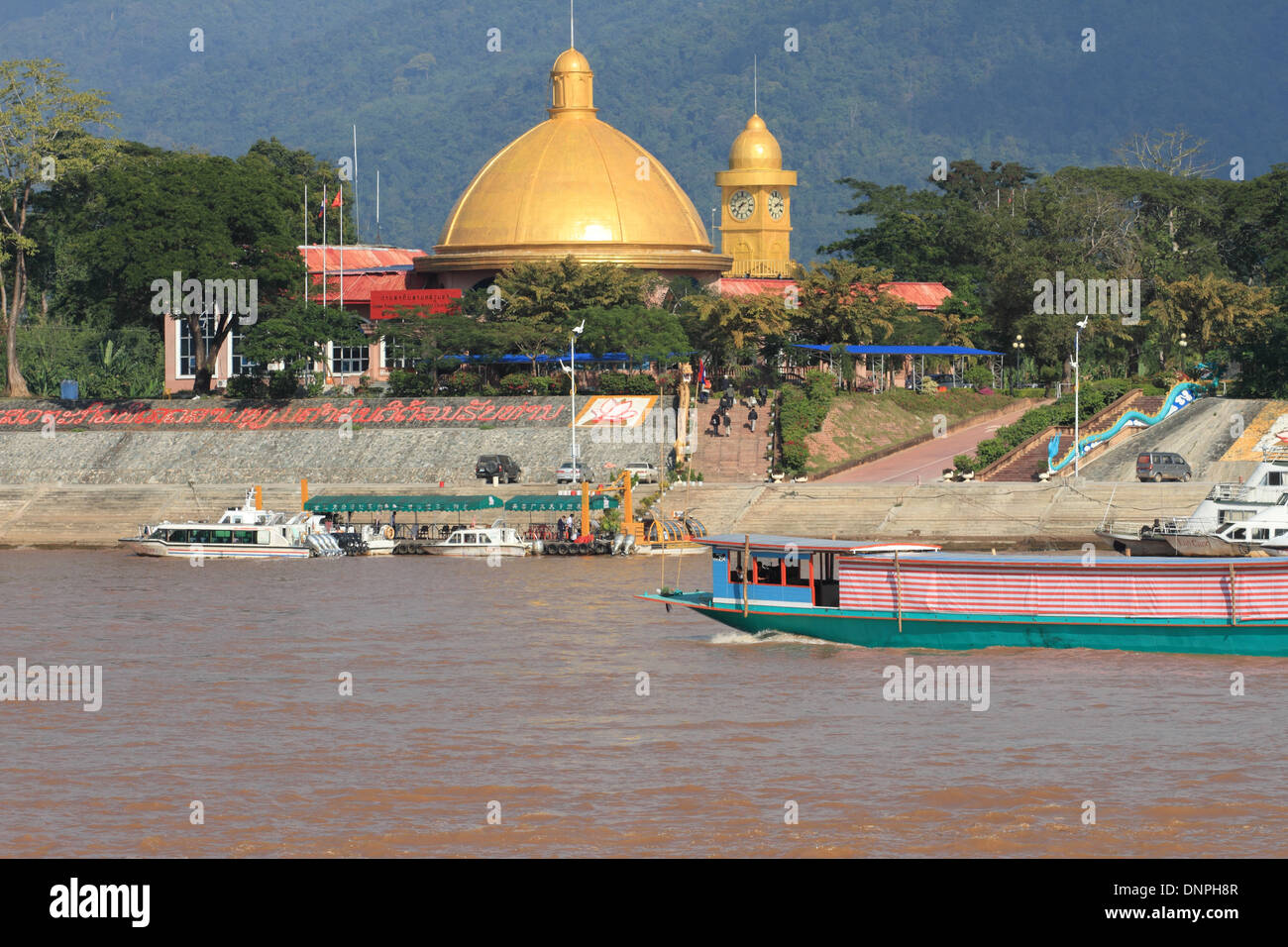 Fahrgastschiff am Mekong, Loas Zollhaus, Goldenes Dreieck Stockfoto